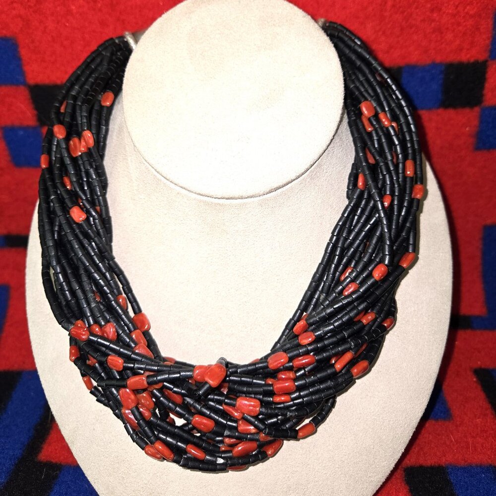 Peyote Bird 29 Strand Jet Heishi with Coral Necklace